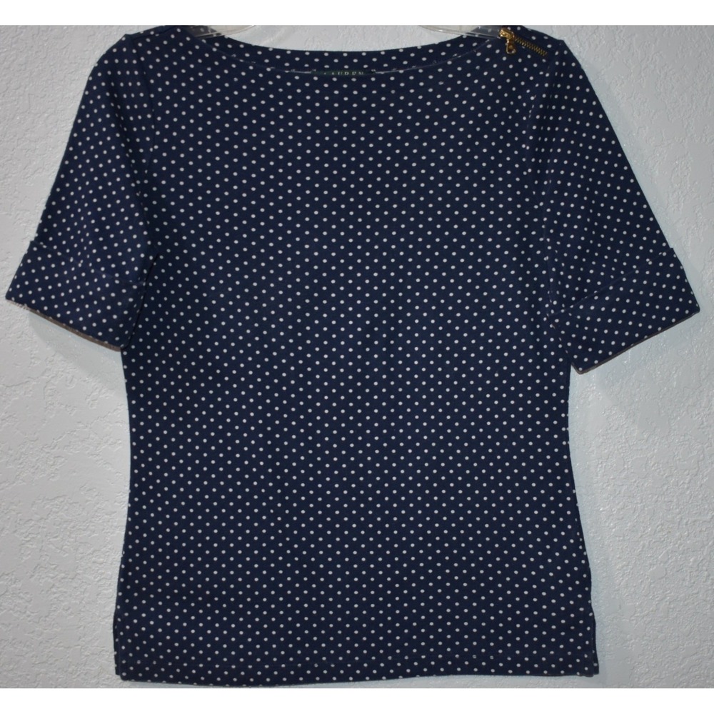 Lauren Ralph Lauren Top Shoulder Gold Zip Navy Polka Dot Boat Neck Top Sz Small